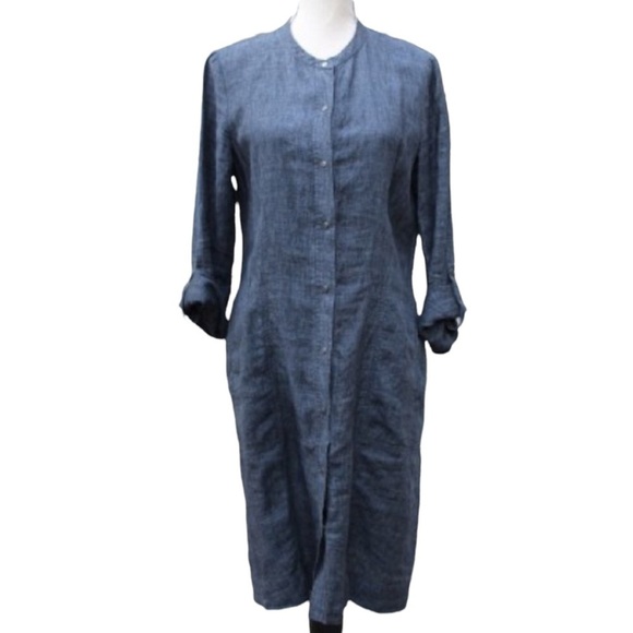 Eileen Fisher Washed Linen Snap Button Front Shirt Dress Blue - Picture 3 of 5